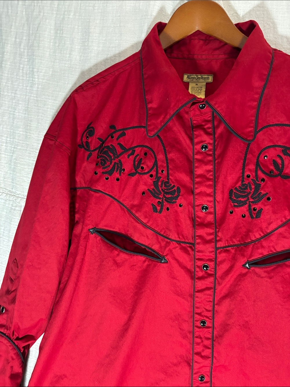 VTG Alan Jackson Collection Red Western Pearl Snap Shirt Rose Embroidered XL EUC - Picture 4 of 10